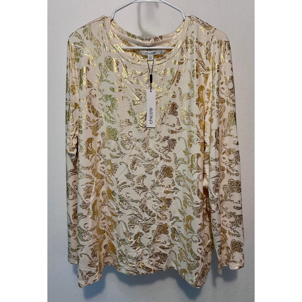 Chicos Touch of Cool Metallic Gold Scroll LS Layer Tee Ecru Size 4 XXL New‎